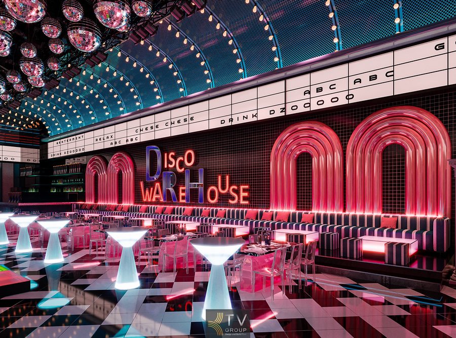 Hệ thống ánh sáng nghệ thuật cho mô hình nhà hàng lounge disco Bàn lounge vuông phát sáng tạo không khí tiệc năng động Thiết kế nội thất bar phong cách retro hiện đại đầy màu sắc