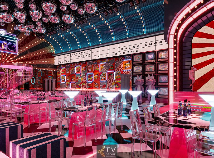 Thiết kế nội thất bar phong cách retro hiện đại đầy màu sắc Không gian nhà hàng kết hợp bar disco với ánh sáng đa lớp mạnh mẽ