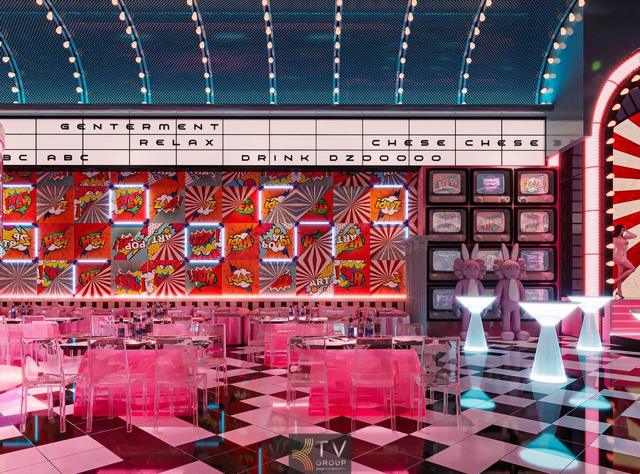 Mô hình nhà hàng kết hợp bar beer ánh sáng neon hồng xanh ấn tượng