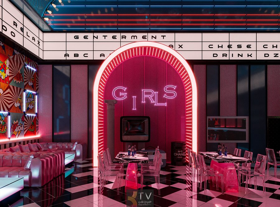 Thiết kế chữ neon Disco House cho bar nhà hàng phong cách độc lạ Bố trí bàn ghế acrylic trong suốt trong không gian bar nhà hàng