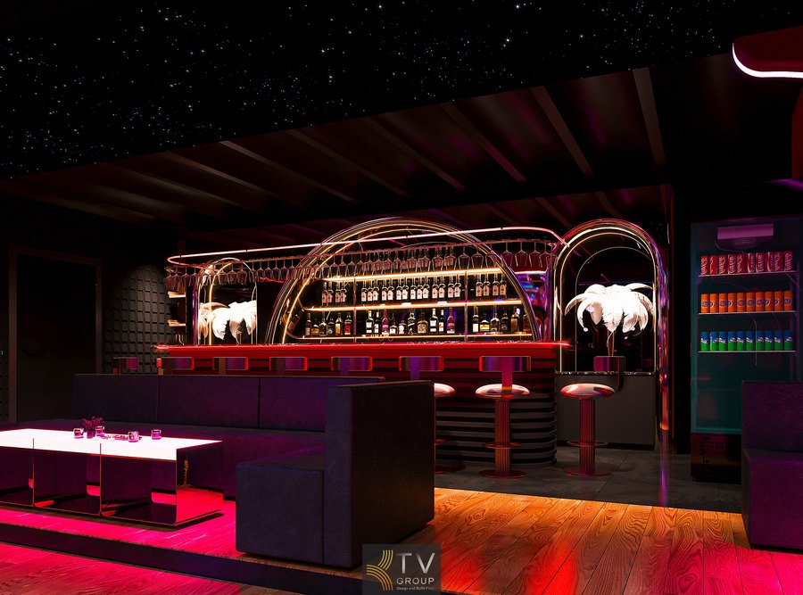 Bố cục quầy bar trung tâm trong không gian phòng trà khiêu vũ giúp phục vụ nhanh và tạo điểm tập trung cho khách