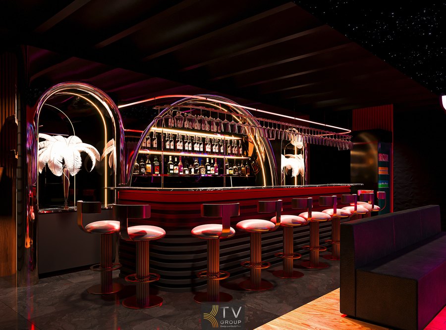 Bố cục quầy bar trung tâm trong không gian phòng trà khiêu vũ giúp phục vụ nhanh và tạo điểm tập trung cho khách