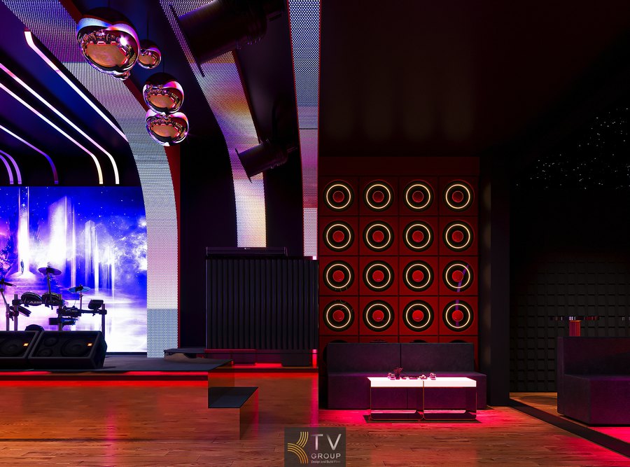 Không gian phòng trà cafe khiêu vũ diện tích 200–300m2 thiết kế mở kết hợp sân khấu, dance floor và khu lounge