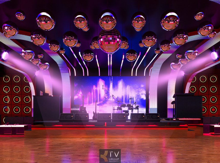 Sàn khiêu vũ phòng trà cafe thiết kế hiện đại với ánh sáng tím hồng và sân khấu lớn tạo không gian hát cho nhau nghe đầy cảm xúc