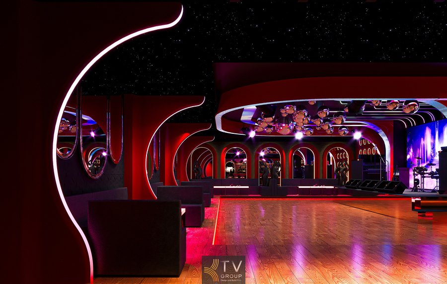 Trần gương inox và dải LED tạo hiệu ứng ánh sáng đặc biệt cho phòng trà cafe kết hợp sân khấu live và khiêu vũ