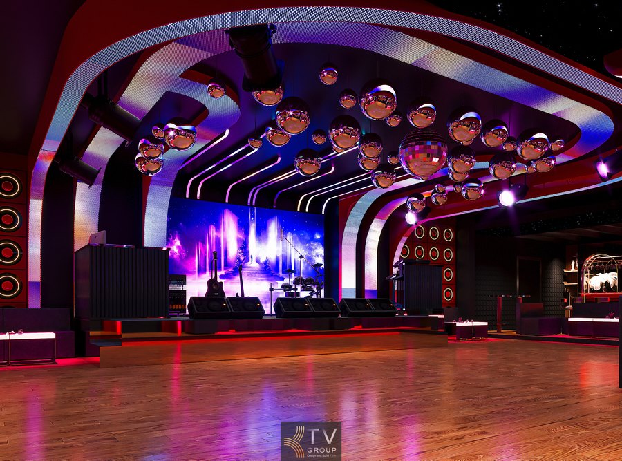 Ánh sáng neon và đường LED line tạo không khí cuốn hút cho không gian phòng trà khiêu vũ hát cho nhau nghe hiện đại