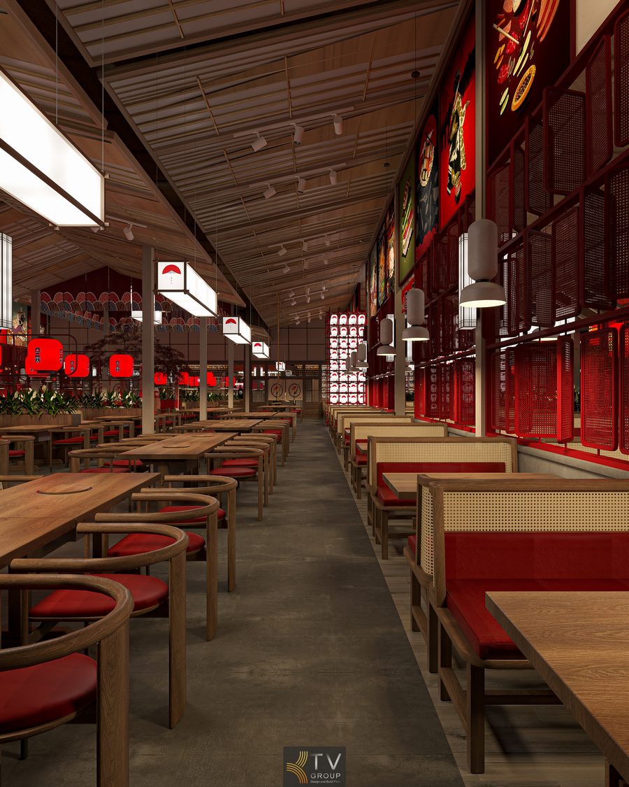 Không gian Japan BBQ Garden phong cách Nhật Bản hiện đại, bố trí bàn nướng gọn gàng, ánh sáng ấm, tạo trải nghiệm ẩm thực thư giãn 1