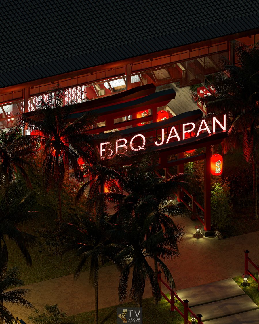 Thiết kế lối vào Japan BBQ kết hợp ánh sáng đỏ ấm, cây xanh và vật liệu gỗ, mang đến trải nghiệm ẩm thực Nhật Bản rõ nét ngay từ bước chân đầu tiên.