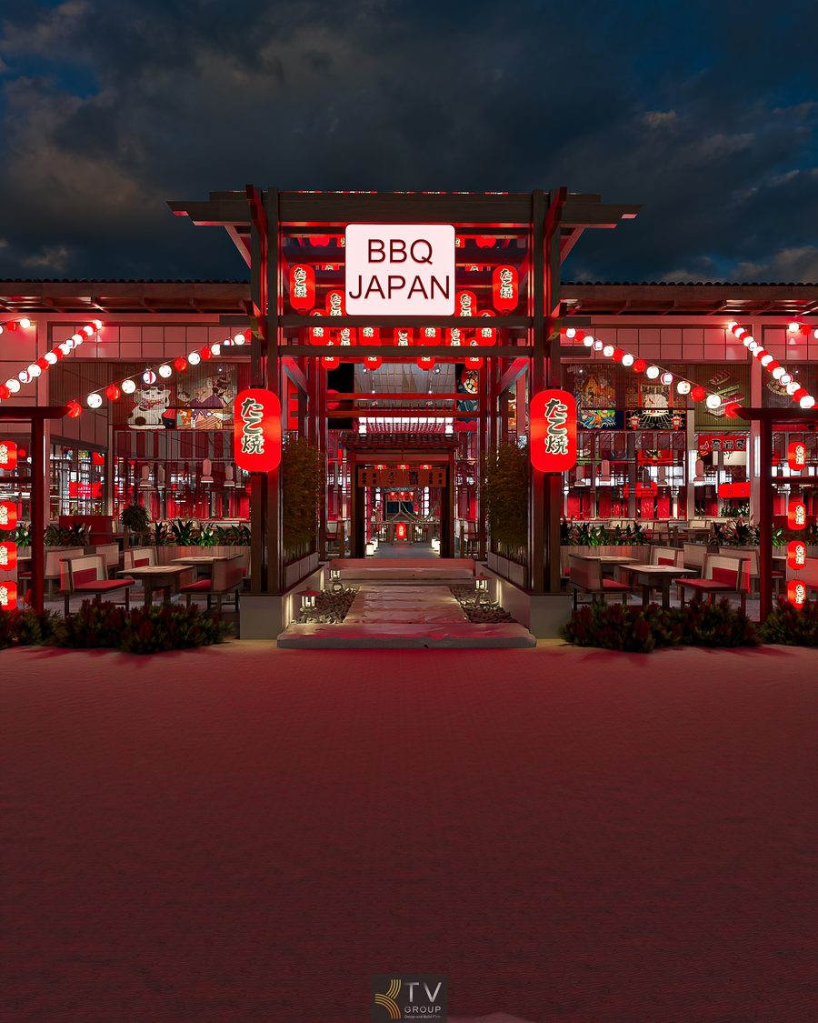 Thiết Kế Nhà Hàng BBQ Japan Garden Phong Cách Nhật – Không Gian Giải Trí & Ẩm Thực Chuẩn Bản Sắc Á Đông.Thiết kế nhà hàng BBQ Japan Garden phong cách Nhật với mặt tiền phụ phía sau, không gian mở, đèn lồng truyền thống, tối ưu trải nghiệm ẩm thực – giải trí . 