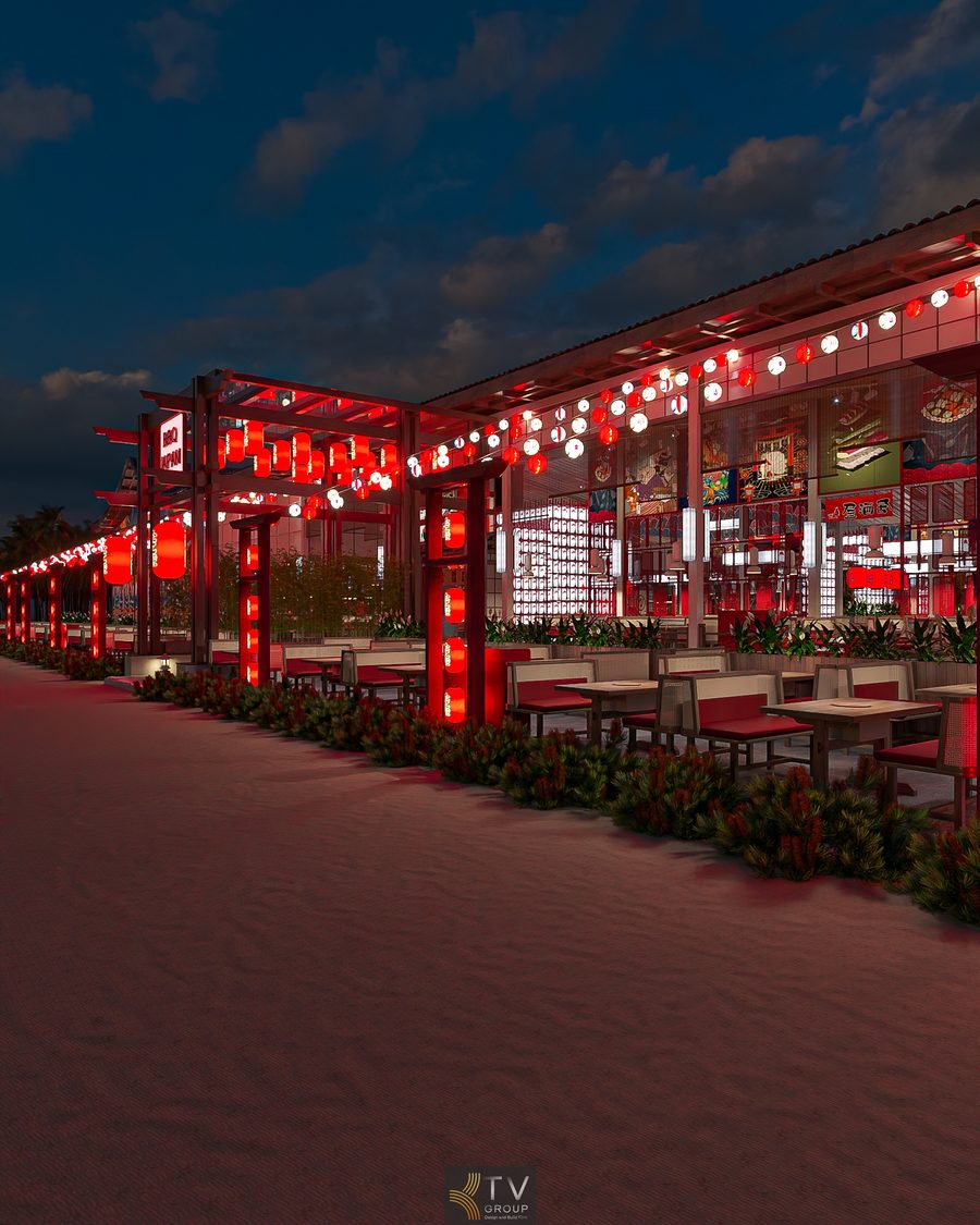 Thiết kế nhà hàng BBQ Japan Garden tại góc mặt tiền phụ gây ấn tượng mạnh với hệ đèn lồng Nhật Bản đỏ – trắng treo dọc lối đi, tạo không khí lễ hội ấm áp khi về đêm. 