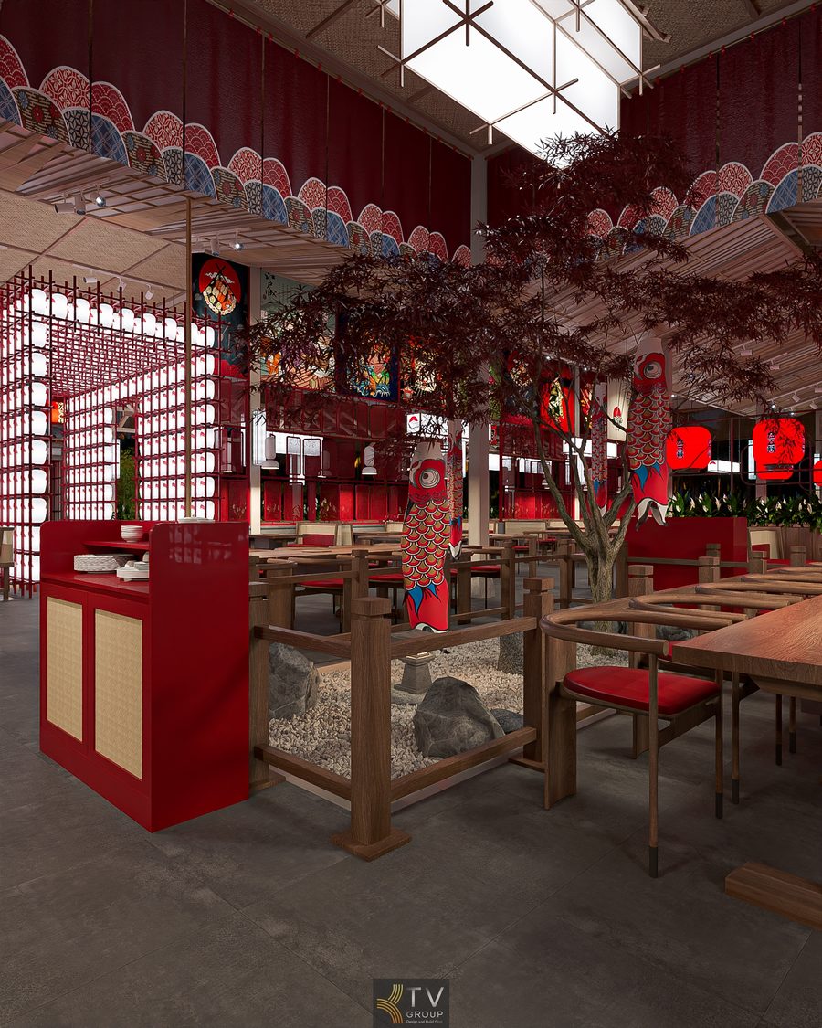 Thiết kế không gian trung tâm nhà hàng Nhật BBQ Japan Garden với bố cục trục thẳng, ánh sáng đèn lồng đỏ, nội thất gỗ và phong cách vườn Nhật hiện đại