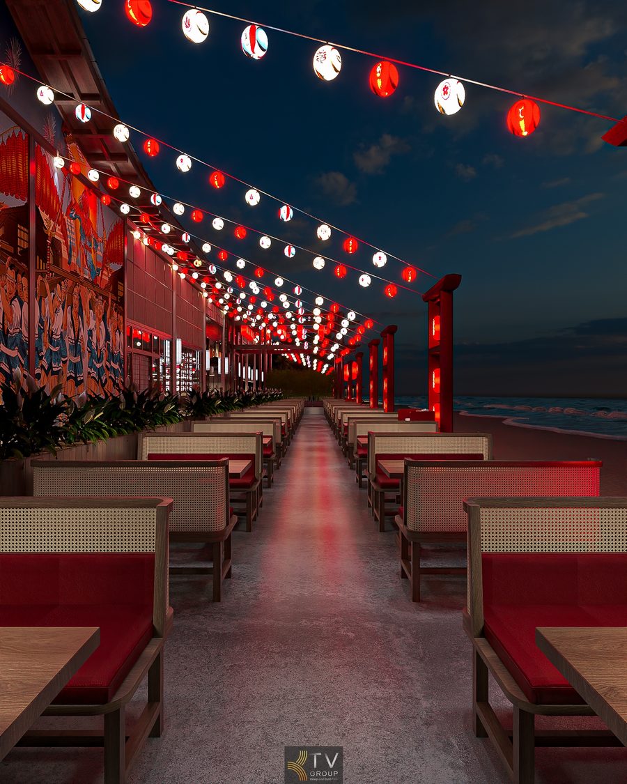 Thiết kế không gian ngoài trời nhà hàng Nhật BBQ Japan Garden với dãy bàn dài, đèn lồng đỏ trắng và bố cục tối ưu công năng 