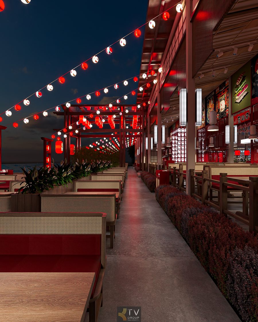 Không gian BBQ ngoài trời với đèn lồng Nhật tạo cảm giác lễ hội và trải nghiệm ẩm thực khác biệt.  Mô tả ngắn 2: Thiết kế dãy bàn dài, ánh sáng ấm và bố cục tối ưu cho nhà hàng Nhật BBQ quy mô lớn. 