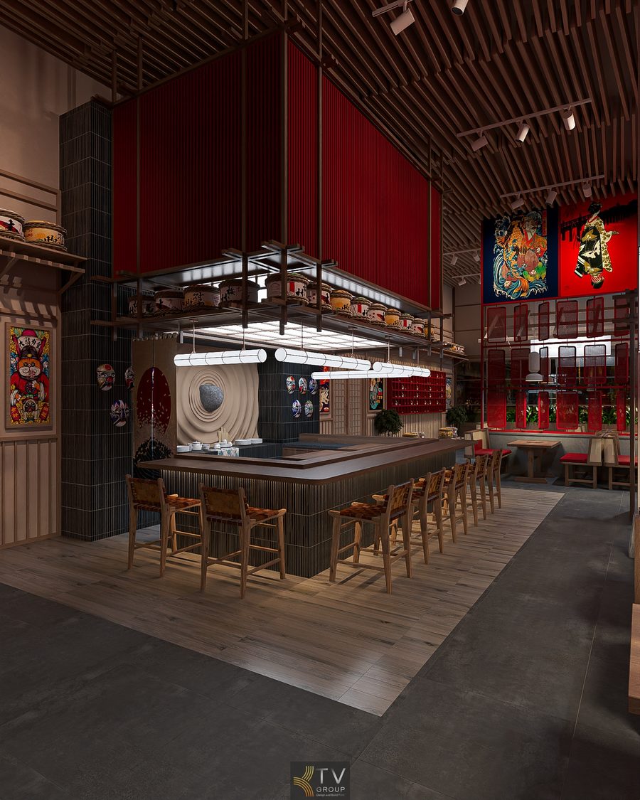 Góc quầy bar trong thiết kế nhà hàng Nhật BBQ Japan Garden là xu hướng được ưa chuộng tại các mô hình ẩm thực cao cấp hiện nay. Không gian này vừa đóng vai trò phục vụ đồ uống, vừa là điểm nhấn thị giác thu hút khách ngay khi bước vào nhà hàng. Thiết kế bar mở giúp tăng tương tác giữa khách và nhân viên, tối ưu công năng vận hành, đồng thời nâng cao trải nghiệm ẩm thực theo phong cách Nhật hiện đại, phù hợp mô hình BBQ – izakaya – garden restaurant.