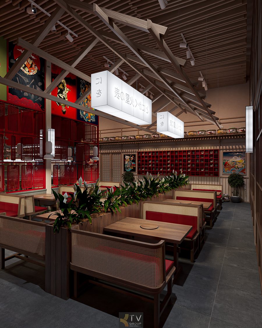 Góc không gian này thể hiện rõ nét tinh thần thiết kế nhà hàng Nhật BBQ – Japan Garden với bố cục gọn gàng, ấm cúng và giàu tính trải nghiệm.  