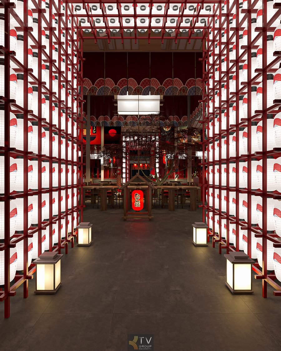 Không gian BBQ Nhật Bản ấn tượng với hệ đèn lồng truyền thống và bố cục ghế ngồi tối ưu công năng. Thiết kế Japan Garden hiện đại, cân bằng giữa thẩm mỹ, trải nghiệm và hiệu quả vận hành nhà hàng.