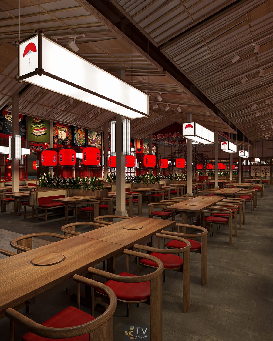 Không gian trung tâm Japan Garden BBQ mang đậm tinh thần kiến trúc và ẩm thực Nhật Bản. Thiết kế trục chính kết hợp đèn lồng đỏ tạo trải nghiệm ẩm thực Nhật ấn tượng và bền vững. 