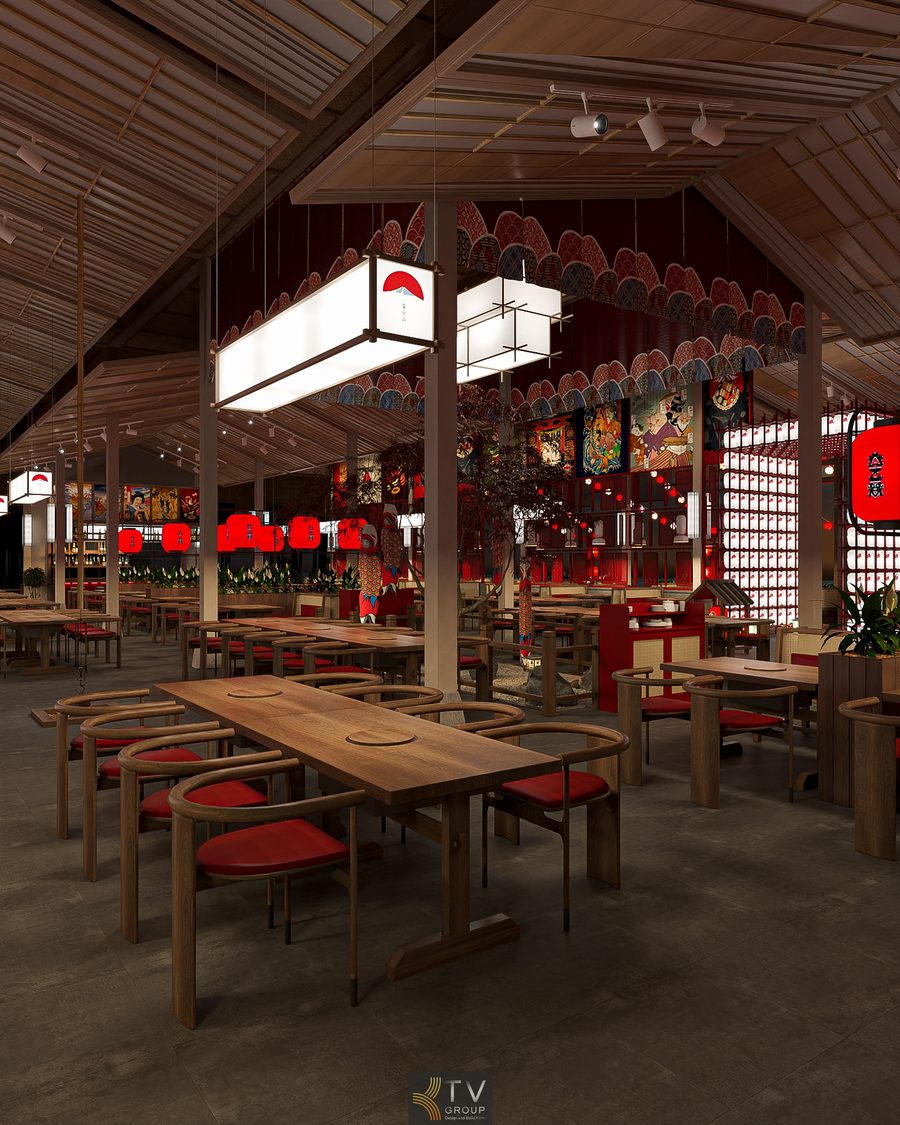 Thiết kế nhà hàng Nhật BBQ Japan Garden với không gian trung tâm rộng, bố cục trục thẳng, nội thất gỗ, đèn lồng đỏ, tối ưu công năng và trải nghiệm ẩm thực. 