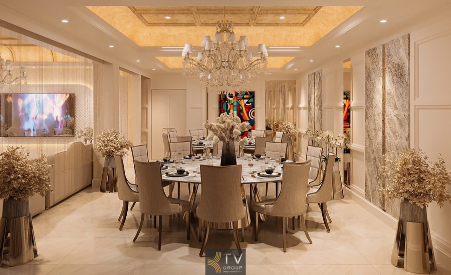 Thiết kế phòng VIP nhà hàng phong cách Luxury với bàn tròn tiệc sang trọng