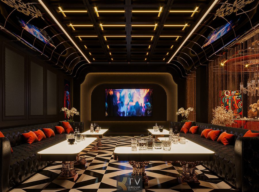 Thiết kế phòng VIP nhà hàng phong cách Luxury Dark Glam với sofa da đen, ánh sáng trần LED và sàn họa tiết hình học sang trọng tạo trải nghiệm riêng tư cao cấp.