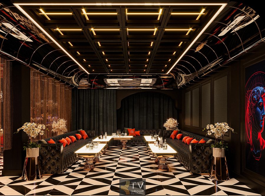 Bàn tiệc phòng VIP với mặt bàn sáng và chân kim loại cao cấp, kết hợp sofa da tối màu mang lại vẻ đẹp tinh tế và sang trọng.