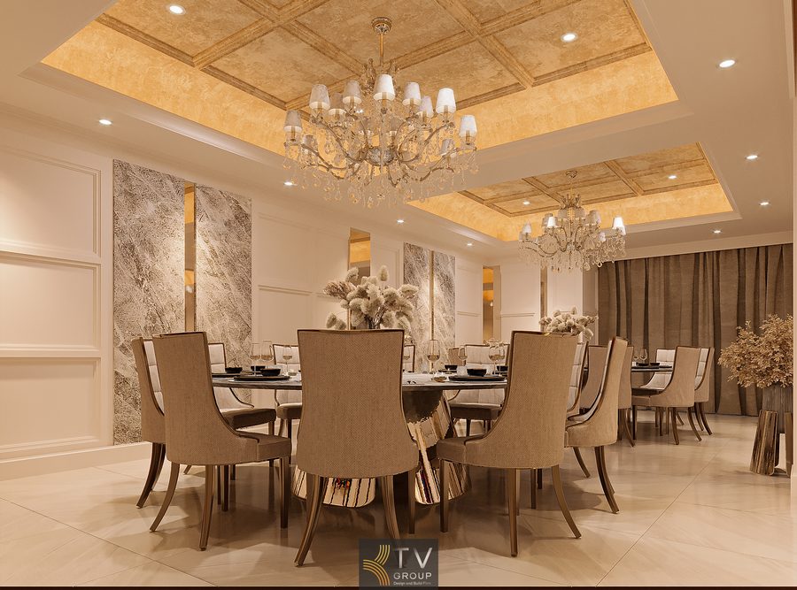 Nội thất phòng VIP nhà hàng Luxury với ghế bọc nệm và bàn đá hiện đại Thiết kế phòng VIP nhà hàng chú trọng ánh sáng và không gian tinh tế