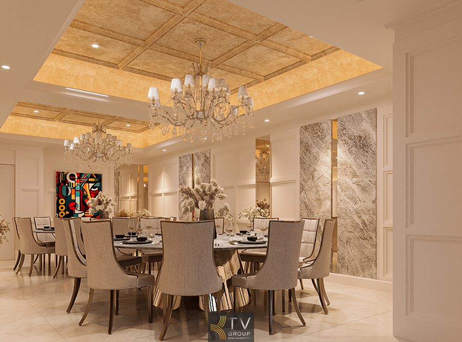 Không gian phòng VIP nhà hàng cao cấp trang trí đèn chùm pha lê ấn tượng