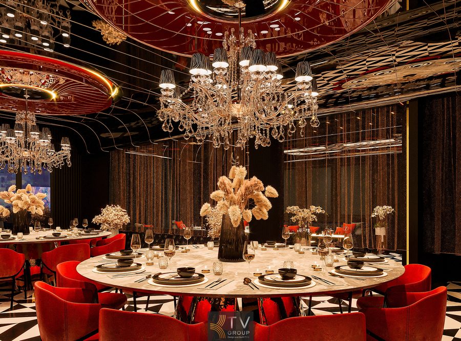Bàn tiệc phòng VIP nhà hàng thiết kế hiện đại và đẳng cấp Phòng VIP nhà hàng với ghế nhung đỏ và ánh sáng nghệ thuật