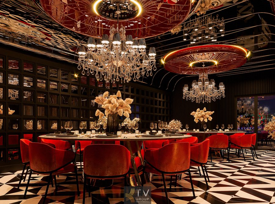 Nội thất phòng VIP nhà hàng cao cấp với trần gương và đèn led Thiết kế không gian ẩm thực riêng tư chuẩn phong cách Luxury