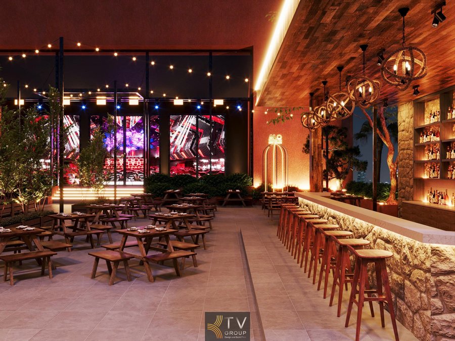 Thiết kế thi công Alo Beer Food Garden Phú Quốc Kiên Giang với không gian mở hơn 1000m², bố cục từ ngoài vào trong khoa học, quầy bar trung tâm, âm thanh ánh sáng chuyên nghiệp. 