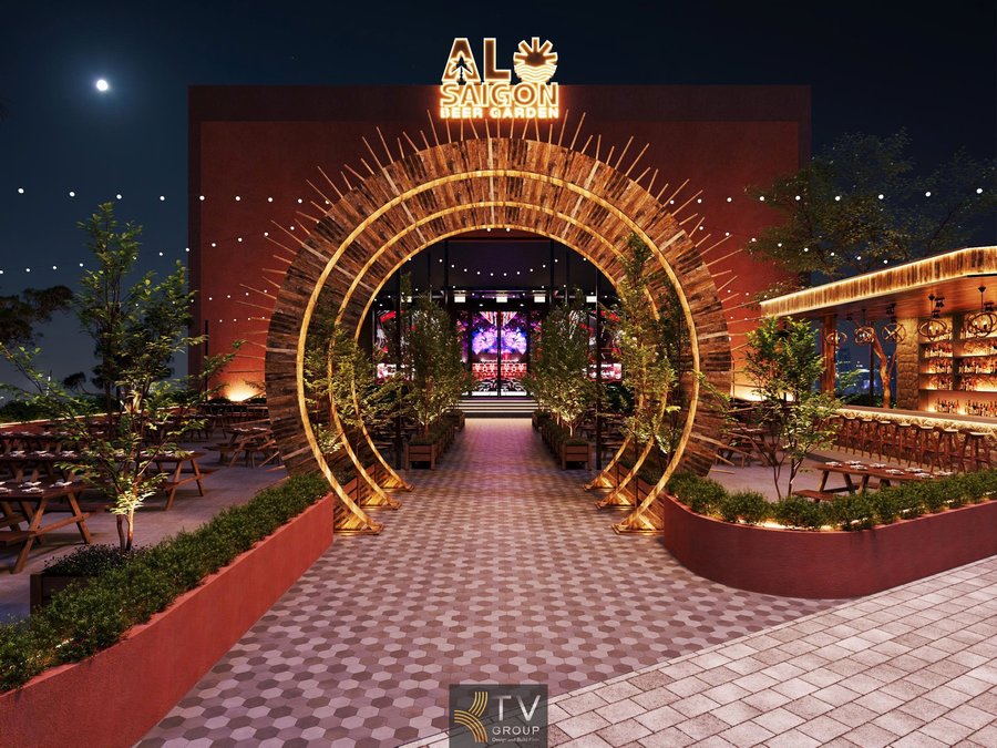 Thiết kế thi công Alo Beer Food Garden Phú Quốc Kiên Giang với cổng vào decor nổi bật, mặt tiền thu hút, bố cục khoa học, tối ưu công năng ẩm thực – giải trí ngoài trời.