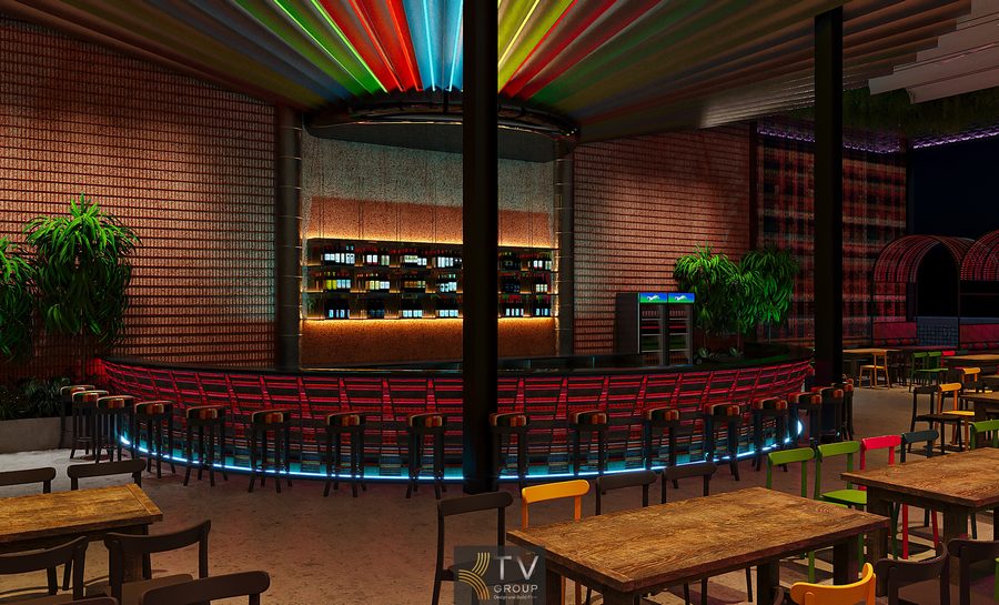 Thiết kế quầy bar trung tâm trong nhà hàng Coco Garden phong cách Thái không chỉ đóng vai trò phục vụ đồ uống mà còn là điểm nhấn trải nghiệm. Không gian được tổ chức mở, dễ quan sát, thuận tiện tương tác giữa bartender và khách. Xu hướng kết hợp ánh sáng màu, vật liệu tự nhiên và decor nhiệt đới giúp quầy bar vừa mang tính thẩm mỹ cao, vừa tối ưu công năng vận hành, phù hợp mô hình nhà hàng – bar hiện đại. 