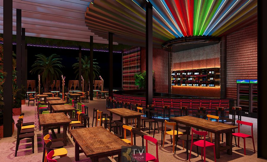 Thiết kế quầy bar trung tâm trong nhà hàng Coco Garden phong cách Thái không chỉ đóng vai trò phục vụ đồ uống mà còn là điểm nhấn trải nghiệm. Không gian được tổ chức mở, dễ quan sát, thuận tiện tương tác giữa bartender và khách. Xu hướng kết hợp ánh sáng màu, vật liệu tự nhiên và decor nhiệt đới giúp quầy bar vừa mang tính thẩm mỹ cao, vừa tối ưu công năng vận hành, phù hợp mô hình nhà hàng – bar hiện đại. 