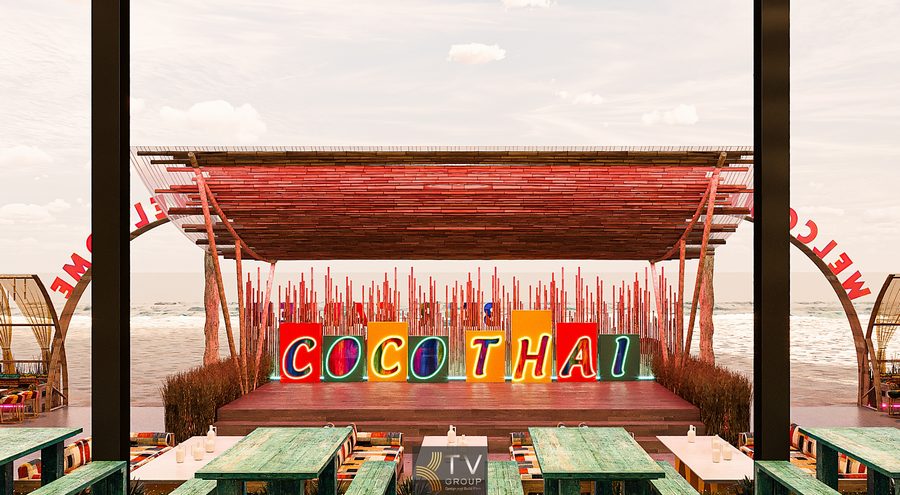 Nhà hàng Coco Garden ứng dụng thiết kế nhiệt đới, nội thất mộc mạc, phù hợp xu hướng ăn uống – thư giãn – giải trí hiện đại. 