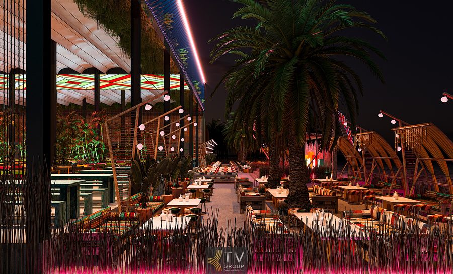 Coco Garden là mô hình nhà hàng – lounge ngoài trời lấy cảm hứng từ không gian nhiệt đới Thái Lan, kết hợp giữa ẩm thực, thư giãn và trải nghiệm giải trí nhẹ nhàng. Thiết kế trong hình thể hiện rõ triết lý “open-air dining”, tận dụng tối đa cảnh quan tự nhiên, cây xanh và ánh sáng trời để tạo cảm giác nghỉ dưỡng ngay trong lòng đô thị.