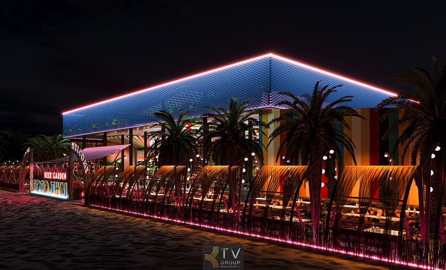 Nhà hàng Coco Garden phong cách Thái sở hữu không gian mở hơn 1000m², mặt tiền phụ ánh sáng nổi bật, kết hợp ẩm thực và trải nghiệm giải trí. 