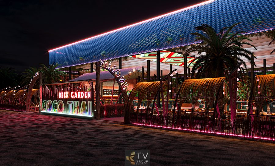 Dự án Thiết kế nhà hàng Coco Garden phong cách Thái được phát triển theo xu hướng Thai Contemporary – Beer Garden – Night Dining, trong đó khu mặt tiền phụ phía sau đóng vai trò quan trọng trong việc mở rộng không gian trải nghiệm và tăng khả năng khai thác vận hành vào ban đêm. 