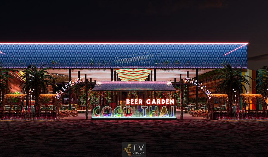 Dự án Thiết kế nhà hàng Coco Garden phong cách Thái được phát triển theo xu hướng Thai Contemporary – Beer Garden – Night Dining, trong đó khu mặt tiền phụ phía sau đóng vai trò quan trọng trong việc mở rộng không gian trải nghiệm và tăng khả năng khai thác vận hành vào ban đêm. 