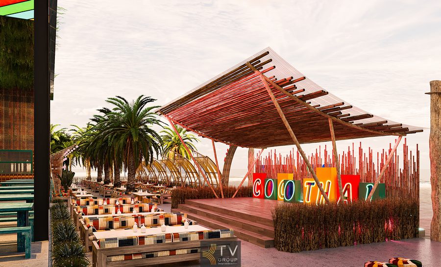 Thiết kế Coco Garden phong cách Thái với sân khấu trung tâm, không gian mở nhiệt đới, tối ưu công năng vận hành và trải nghiệm ẩm thực – giải trí 