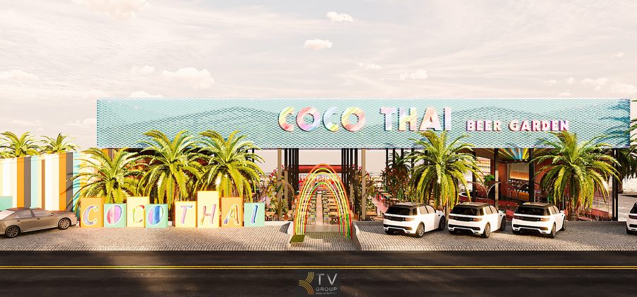 Coco Garden phong cách Thái – không gian ẩm thực và giải trí mở, nổi bật với thiết kế mặt tiền ánh sáng hiện đại.