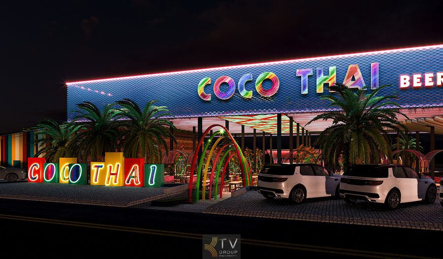 Dự án thiết kế nhà hàng Coco Thai Beer Garden phong cách Thái hiện đại, quy mô hơn 1000m², nổi bật mặt tiền ánh sáng, không gian mở, kết hợp ẩm thực & giải trí.