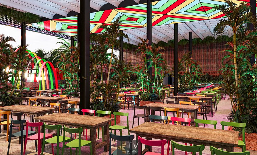 Thiết kế nhà hàng Coco Garden kết hợp sân vườn, decor Thái Lan rực rỡ, ánh sáng linh hoạt, phù hợp mô hình ẩm thực – giải trí hiện đại.