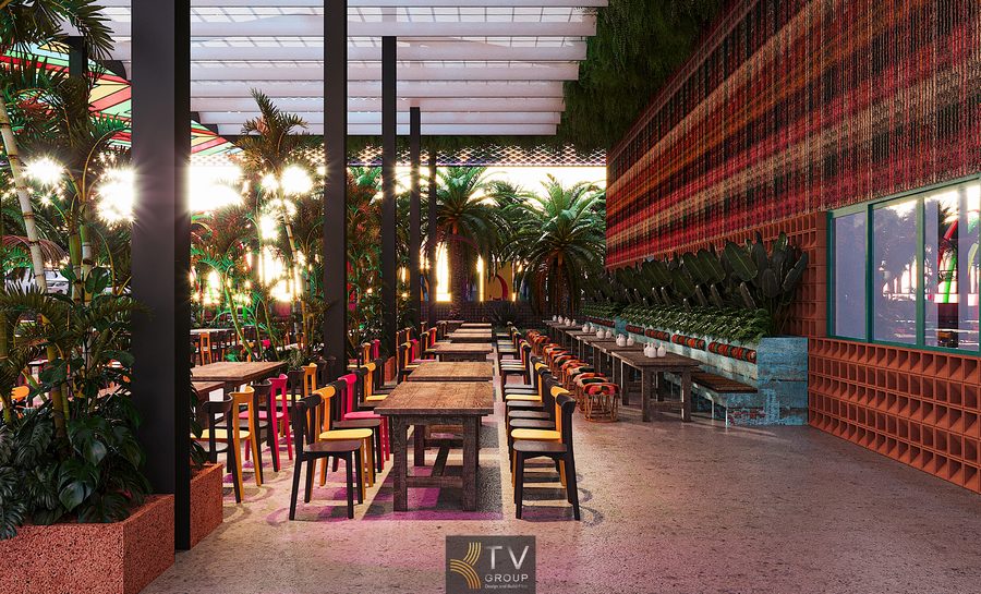 Nhà hàng Coco Garden phong cách Thái nổi bật với không gian sân vườn mở, bàn dài, cây xanh nhiệt đới và ánh sáng ấm, tạo trải nghiệm ẩm thực thư giãn.