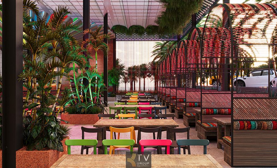 Thiết kế Coco Garden phong cách Thái tập trung không gian mở, cây xanh nhiệt đới, màu sắc rực rỡ và bố cục linh hoạt, đáp ứng xu hướng ẩm thực – giải trí hiện đại. 