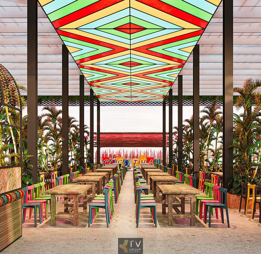 Thiết kế không gian trung tâm Coco Garden phong cách Thái với trần đa sắc, bố cục bàn ghế khoa học và trải nghiệm nhiệt đới hiện đại 