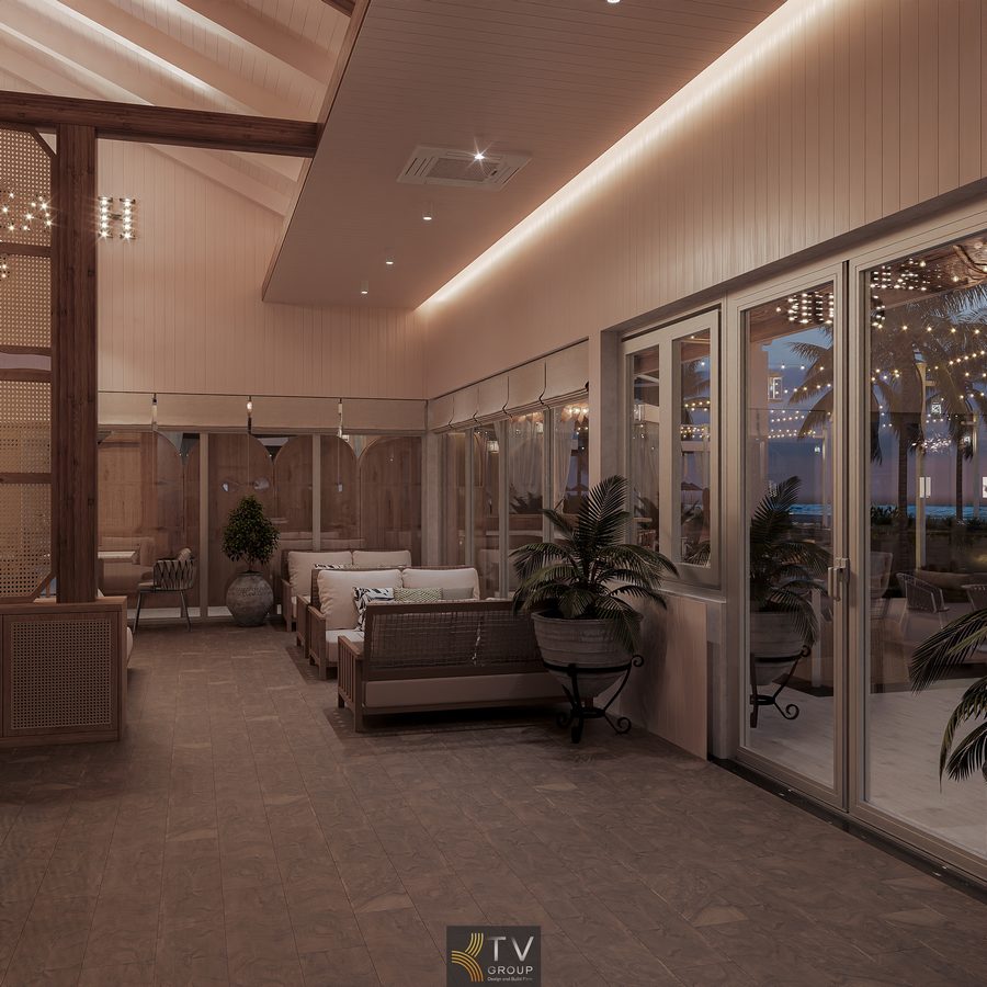 Thiết kế Beach Restaurant Club với không gian Indoor Coastal Lounge Dining sang trọng, tối ưu ánh sáng, âm thanh, vật liệu và trải nghiệm nhà hàng view biển cao cấp.