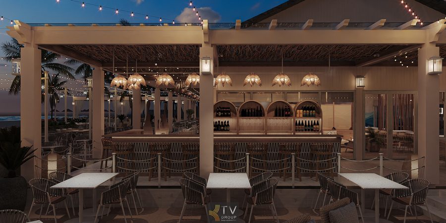 Thiết kế nhà hàng view biển chú trọng trải nghiệm ban đêm, với ánh sáng trang trí mềm mại, tạo cảm giác ấm cúng và giữ chân khách hàng lâu hơn. 