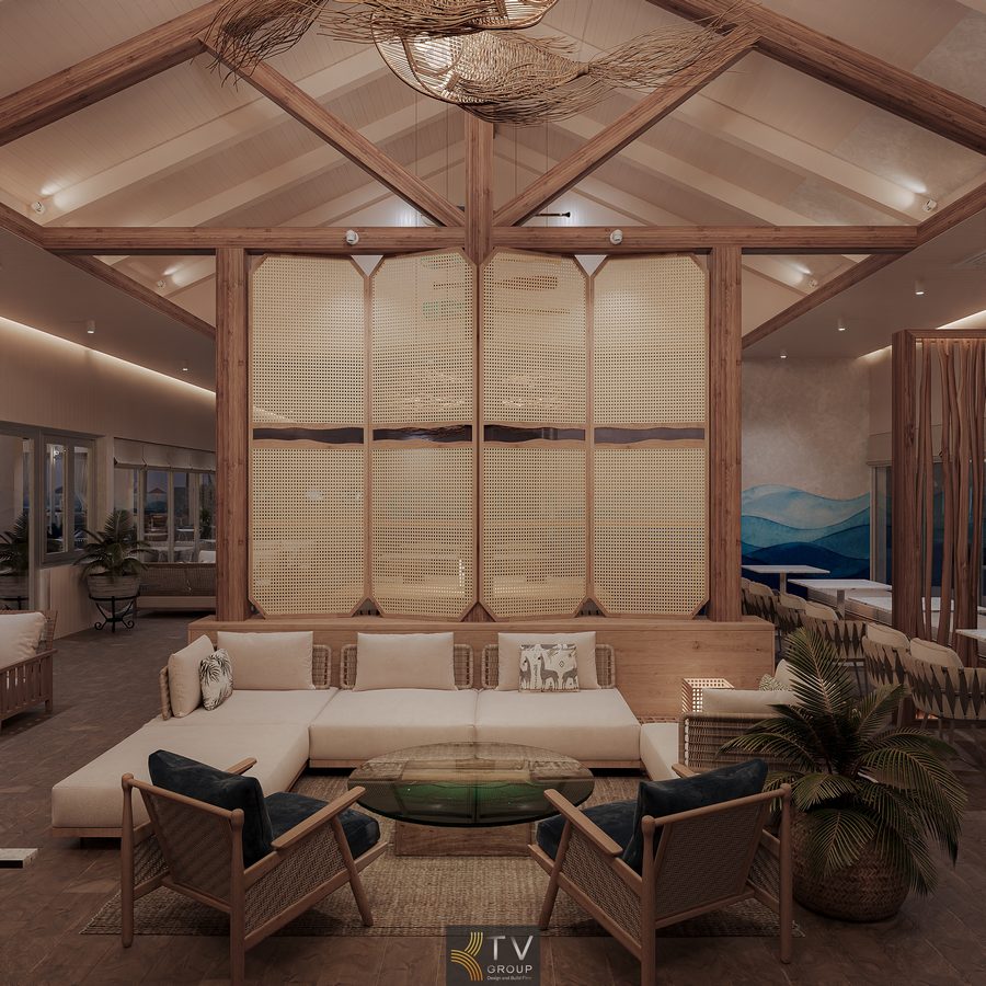 Khu vực ăn uống ngoài trời của nhà hàng view biển được bố trí bàn ghế mây tre, khoảng cách rộng rãi, phù hợp phục vụ khách du lịch, gia đình và nhóm bạn trong không gian biển thoáng mát. 