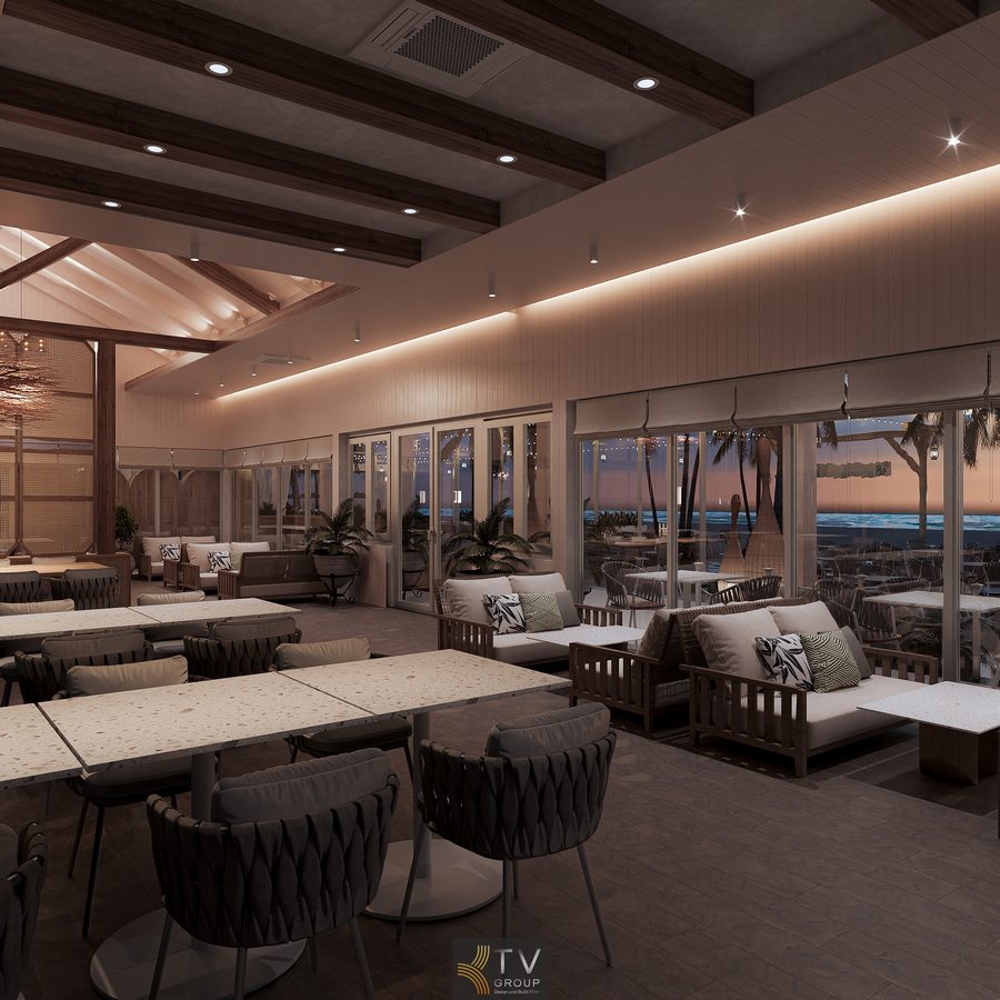 Góc Indoor Coastal Lounge Dining trong thiết kế Beach Restaurant Club tối ưu trải nghiệm ăn uống, ánh sáng, âm thanh và cảm xúc không gian hướng biển.