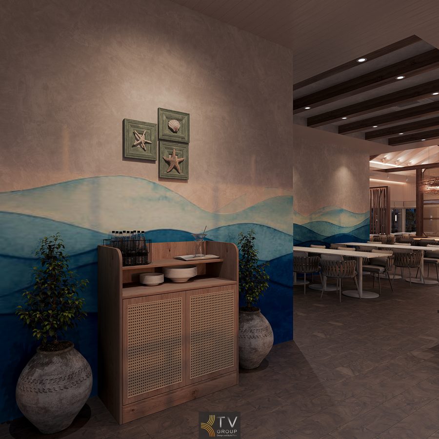 Thiết kế nhà hàng Beach Restaurant sát biển hướng đến trải nghiệm thư giãn, phù hợp khách cặp đôi, gia đình và nhóm bạn khi du lịch biển. 